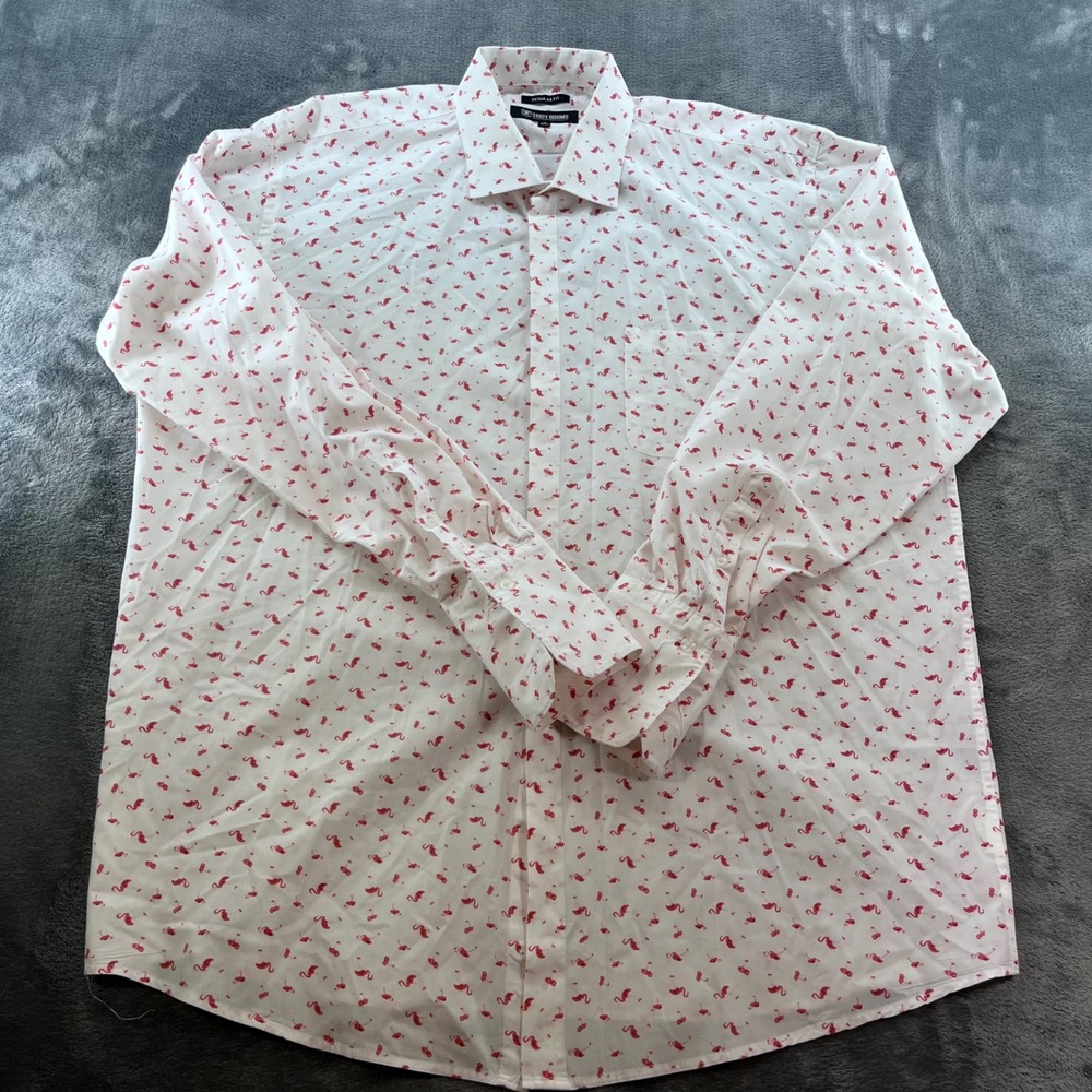 Stacy Adams Mens Pink Flamingo Button Down Shirt White 18 36/37 Regular Fit